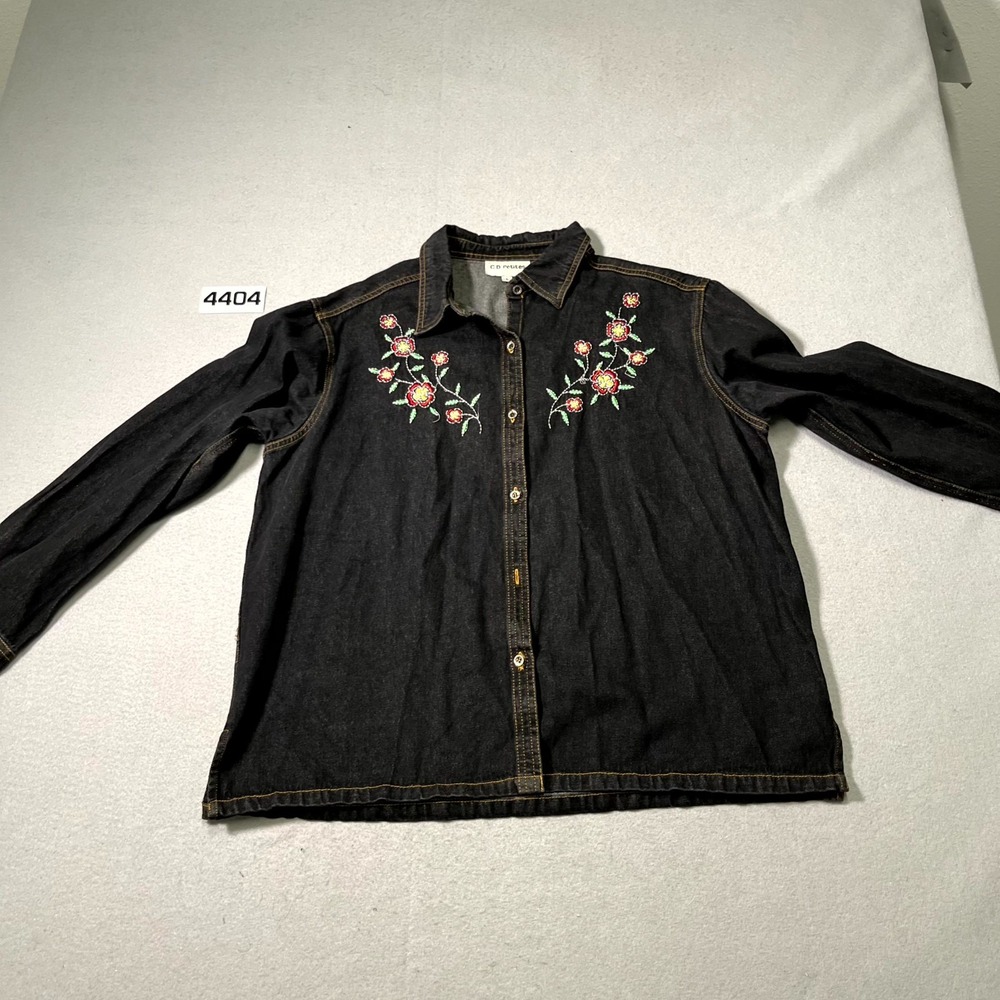 C.D. Petites Shirt Womens Large Black Denim Embroidered Floral Button Front‎